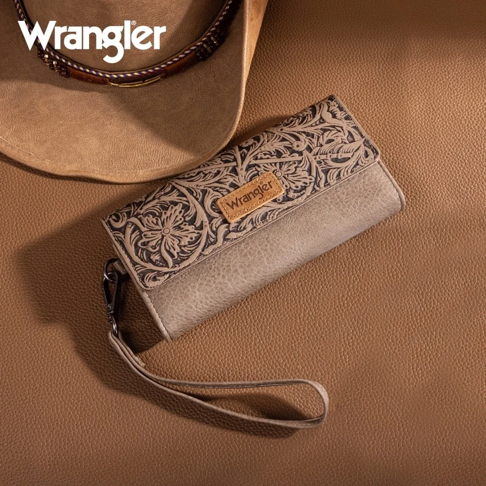 Wrangler Western Floral Tooled Tri-fold RFID Wallet/Wristlet Lime